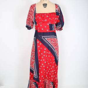 70s Vintage Red, White and Blue Bandana Maxi Dress Cottagecore Dress Country Prairie Cowgirl Western Southwest Country Western Stagecoach