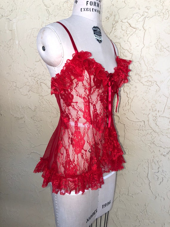 Vintage Babydoll Lingerie Nightie Red Lace Sheer Floral Ruffle