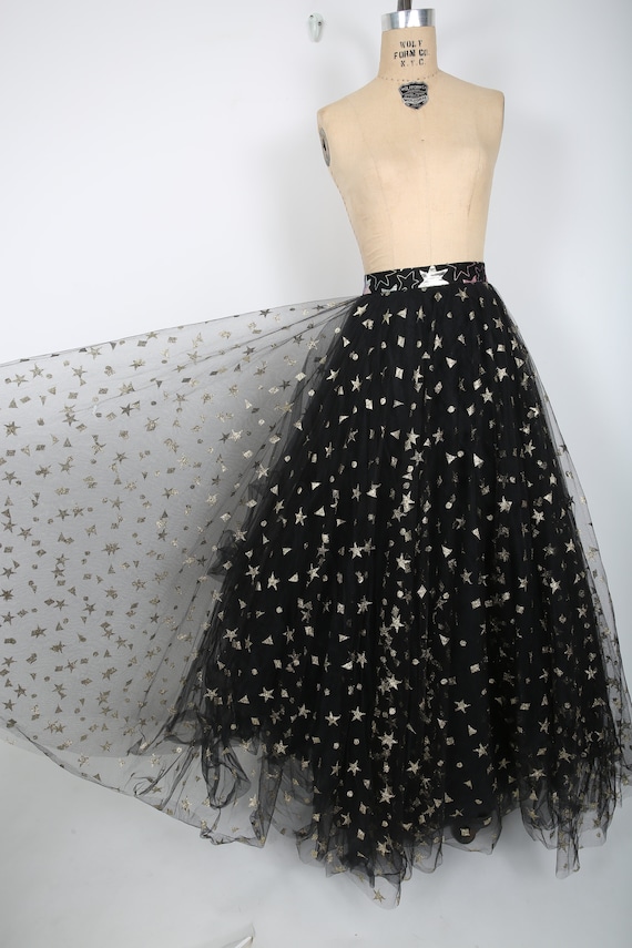 Black Long Tulle Skirt with Gold Stars  Party Skir