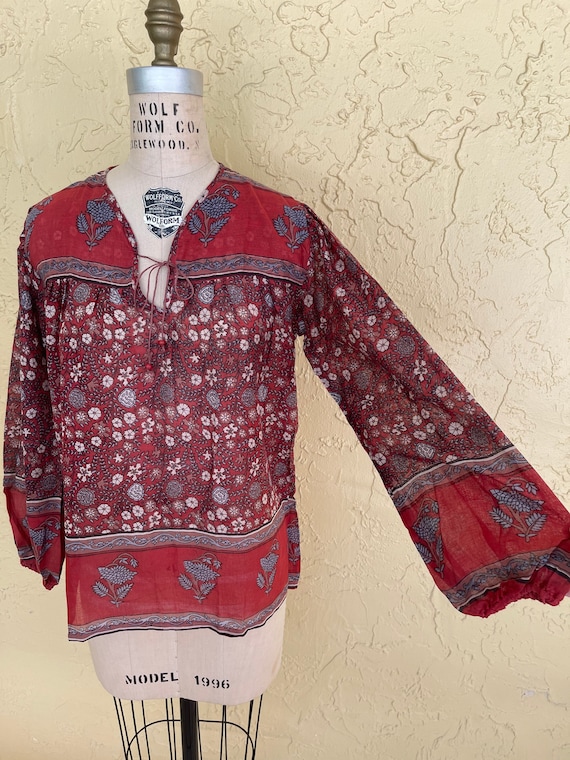 Vintage 70s Indian Blouse Top Red Block Print She… - image 1