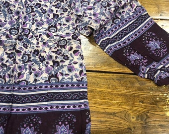 Vintage 70s Indian Blouse Block Print Sheer Gauze Cotton Floral Dark Purple Gray Deadstock Boho Hippie Festival Coachella Block Print Floral