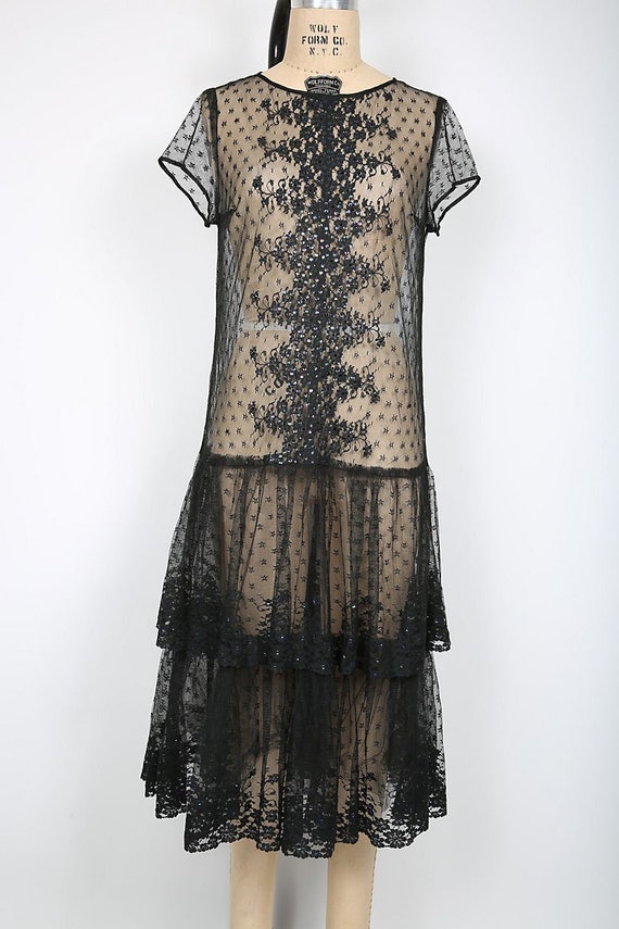 Vintage Black Sheer Lace Floral Sequin Midi Dress 