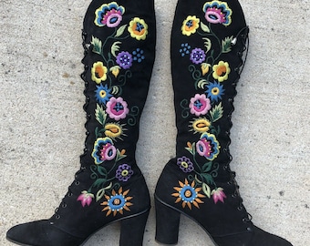 NO DISCOUNT!  Jerry Edouard Boots Vintage 60s 70s Embroidered Beaded Floral Flower Lace Up Boots  Boho Hippie Hippy Penny Lane Almost Famous