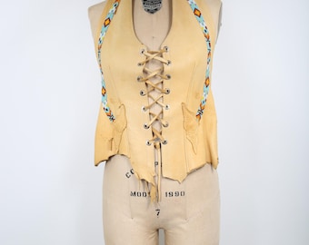 Vintage Brown Artisan Leather Halter Top with Beading & Lace Up Details Boho Cowgirl Western Motorcycle Coachella Rock n Roll Stagecoach