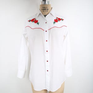 Vintage White Western Blouse with Embroidered Red Roses Cowgirl Soutwest Country Stagecoach Festival