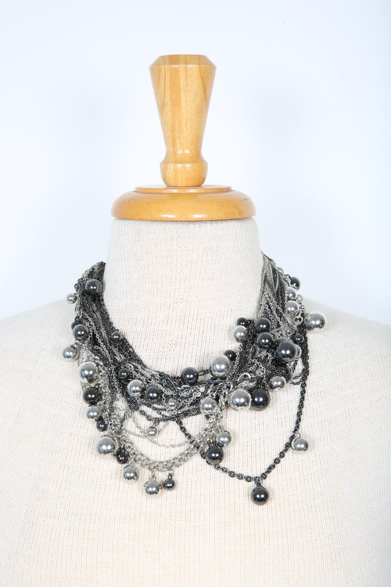 Silver & Gunmetal Tangled Chain and Bead Necklace