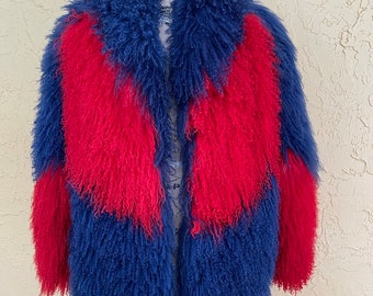 Vintage Mongolian Fur Coat Red Blue Patchwork Shaggy Fur Coat Glam Rock Boho Hippie Woodstock Hippy Bohemian