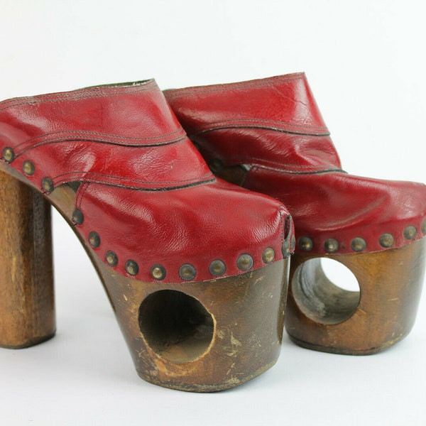 Vintage 70s Sandalias Plataforma Zuecos Tacón Madera Roja Boho Hippie Club Clubbing Rave Party Studio 54