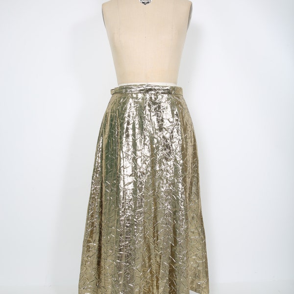 Vintage HALSTON III Gold Metallic Textured Midi Skirt Studio 54 Disco Holiday Party