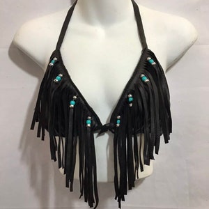 Black Leather Halter Top Bra Top Fringe Beads Beaded  Boho Hippie Festival Bohemian Club Motorcycle Biker Rock RocknRoll Rave Coachella