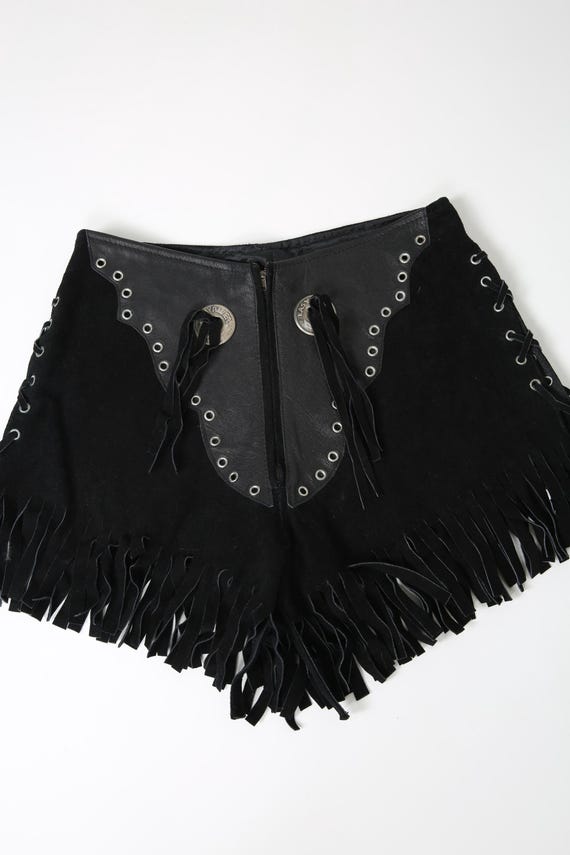 日本最大の Black Shorts Riders Easy Leather Laceup Concho Fringe Shorts パンツ