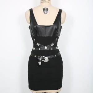 Black Leather Mini Dress with Silver Studs & Belt Details