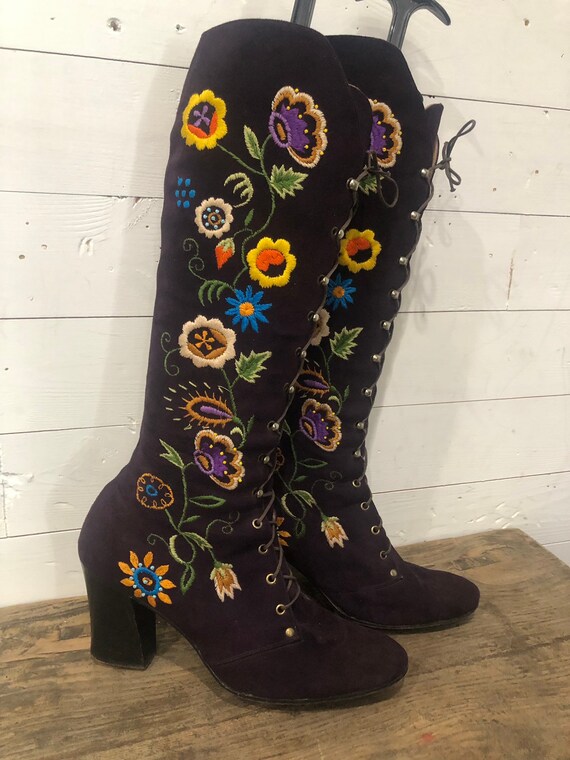 Jerry Edouard Boots Vintage 60s 70s Purple Embroid