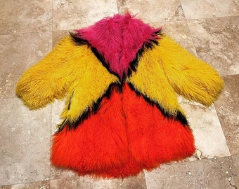 Vintage Mongolian Fur Coat Multi Color Patchwork Shaggy Fur Coat Glam Rock Boho Hippie Woodstock Hippy Bohemian