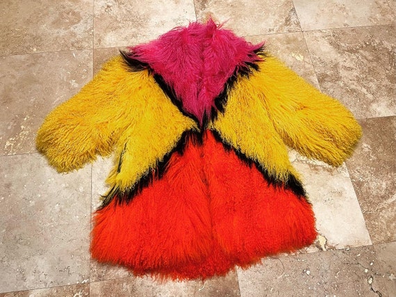 Vintage Mongolian Fur Coat Multi Color Patchwork … - image 1