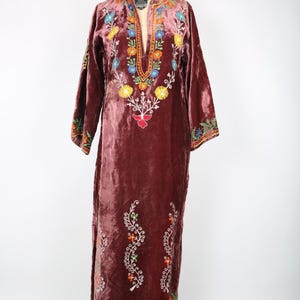 Vintage Velvet Caftan, Maxi Dress with Hood with a Floral Embroidered Design Hippie Hippy Woodstock Boho Bohemian