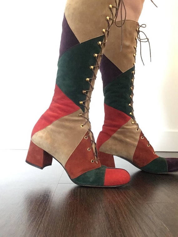 Vintage 60s 70s Multi Color Patchwork Lace Up Boot