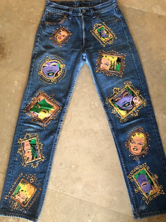 Vtg 80s Leslie Hamel Hand Painted Marilyn Monroe Jeans Blue Denim 