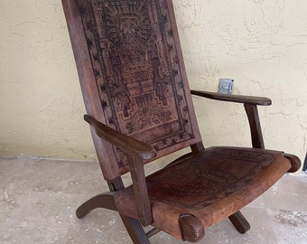 Vintage Chair Peruvian Chair Leather Hand tooled Folding Aztec Antique Chair BUYER PAYS SHIPPING Costs