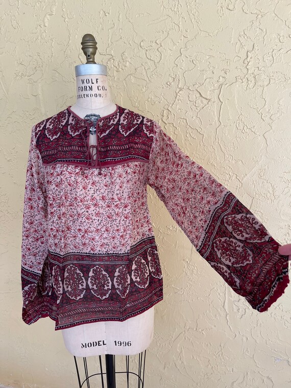 Vintage 70s Indian Blouse Top Red Block Print Shee