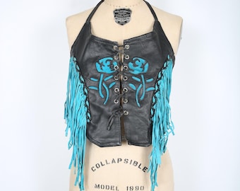 Vintage Black Leather Halter Top With Fringe and Flower