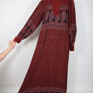 70s Vintage Indian Dress Rust Floral Block Print Maxi Dress Caftan Boho Bohemian Hippie Hippy