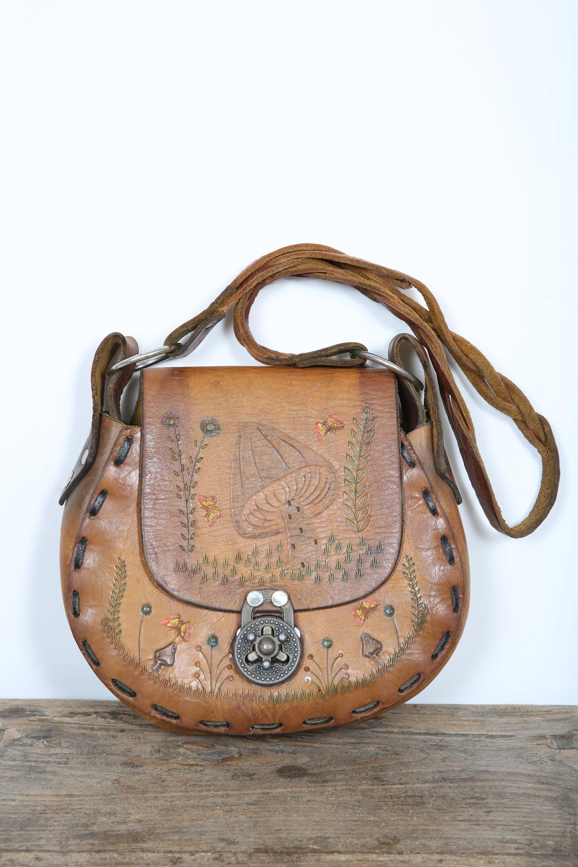 70’s ヴィンテージ ハンドバッグ フラワー Medium Vintage 70's Hand Tooled Painted Brown Leather Flower