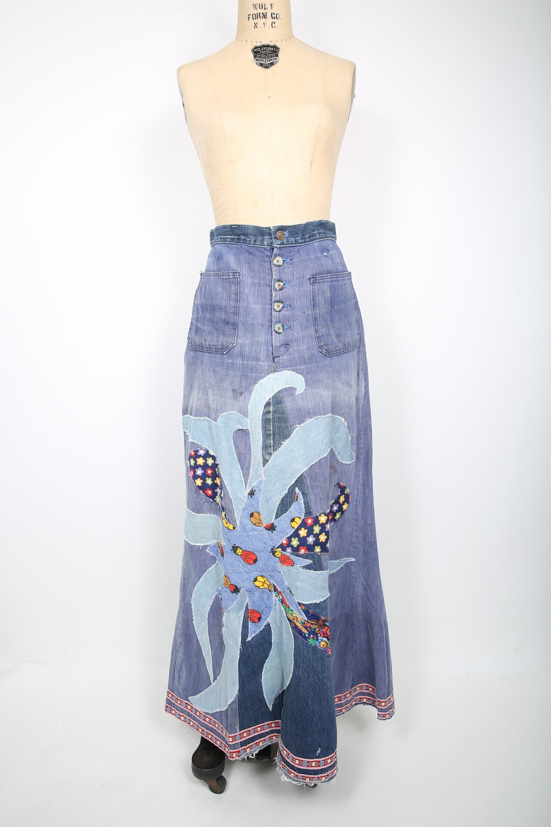 MUKZIN Linglong Old Denim Front Side Slit Patchwork Fishtail Skirt