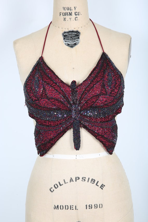 Burgundy & Black Beaded Butterfly Halter Top Party