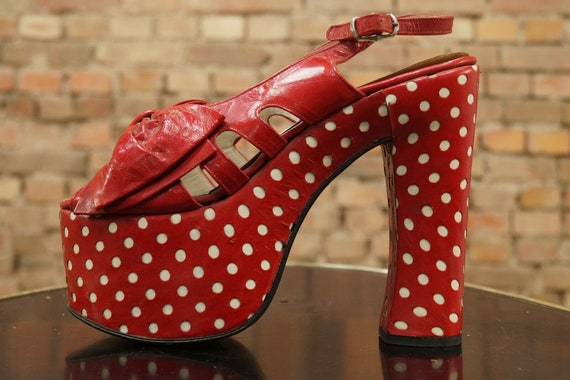 Vintage 70s Platform Red & White Polka Dot Bow De… - image 3