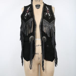 Vintage Western Black Suede Vest with Fringe, Beading & Conchos