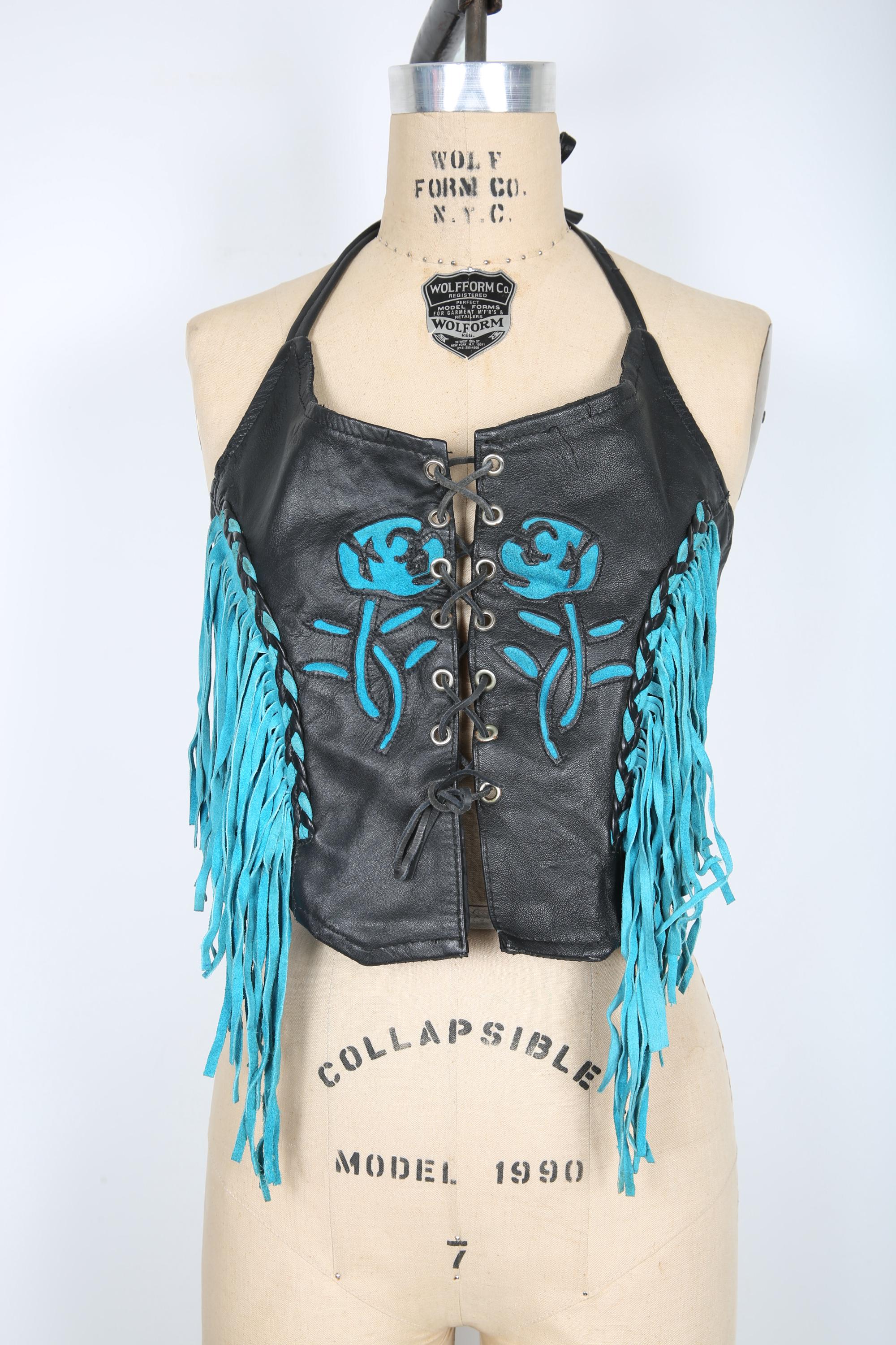 Vintage Black Leather Halter Top With Fringe and Flower