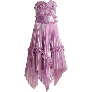 ZANDRA RHODES Purple Metallic Pleated Party Dress Reissued Pat Cleveland Party Dress Designer