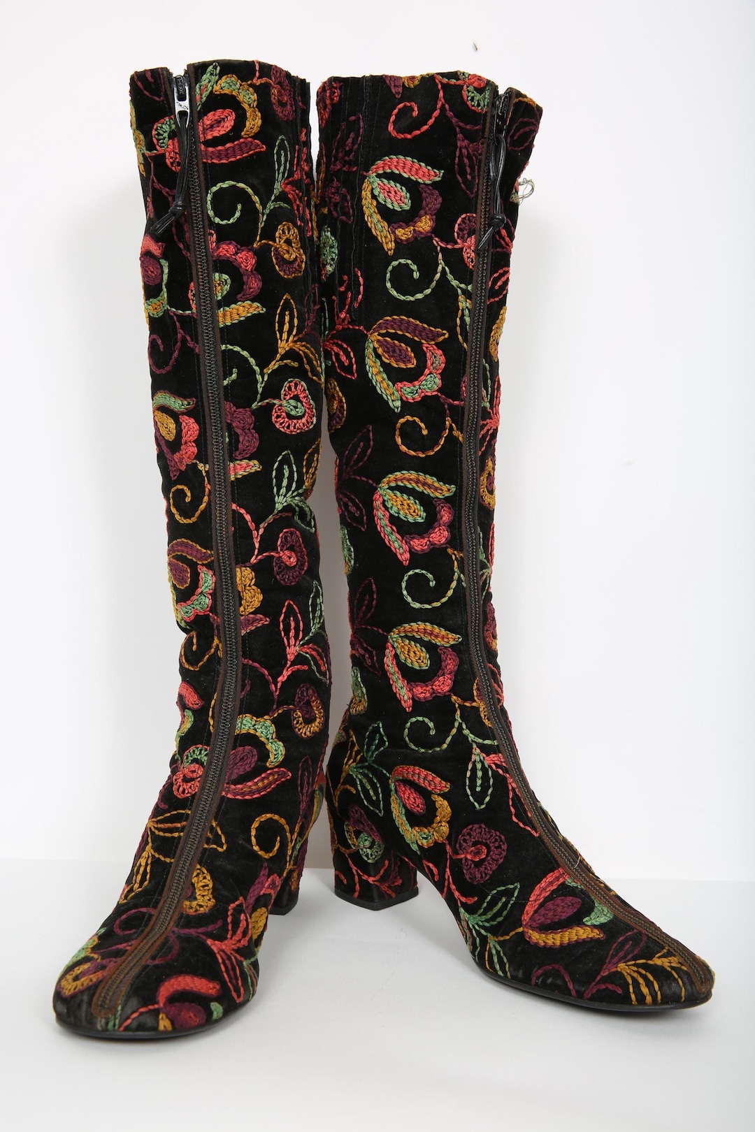 60s Gogo Boots Penny Lane Boots Black Floral Embroidered Boots