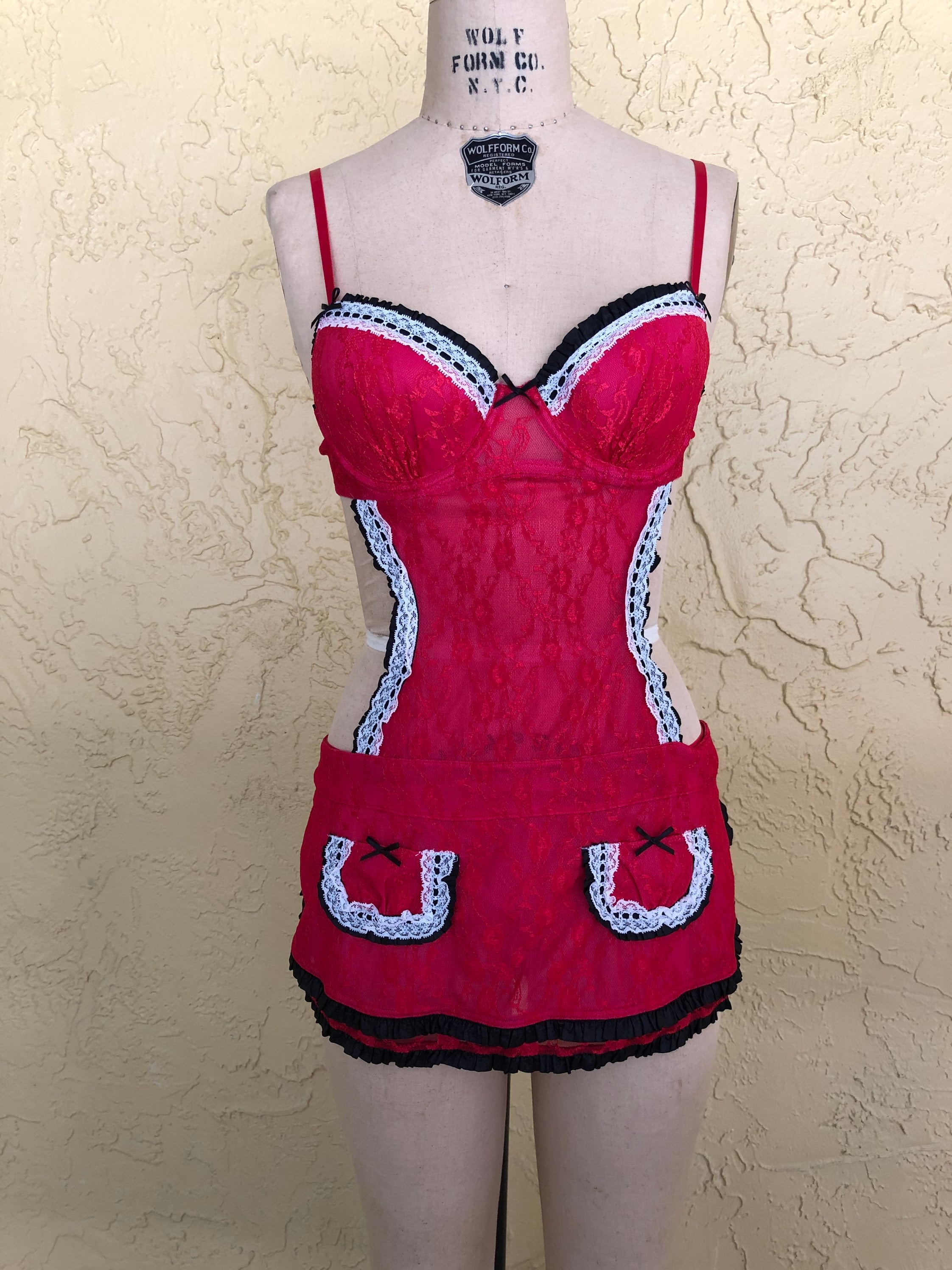 Vtg VICTORIA'S SECRET Maid Costume Lingerie Apron Babydoll Panty 2 Piece  Set Black Red Lace Sheer Sexy Sex Kitten Romantic Valentine's Day -   Polska