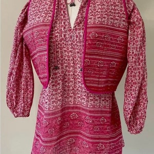 Vintage 70s Indian Barbie Pink Sheer Gauze Cotton 2 pc Matching Blouse Vest Block Print Paisley Floral Flower Boho Hippie Hippy Barbiecore image 1