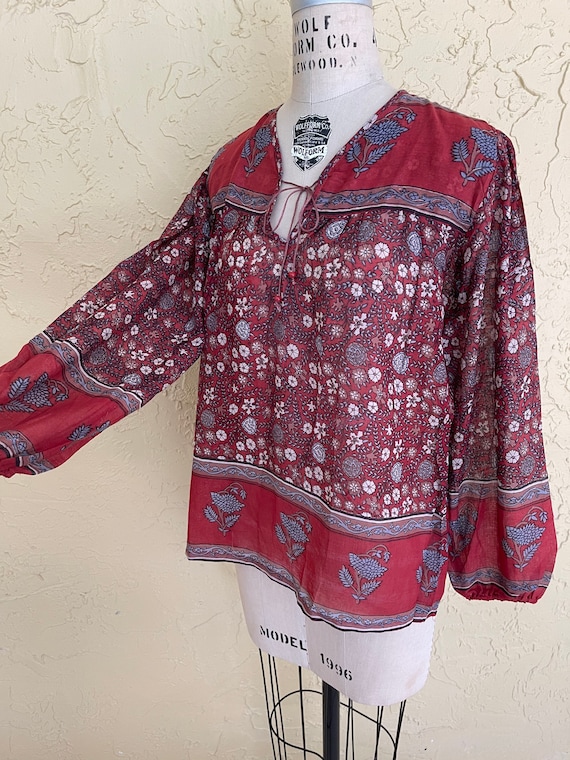 Vintage 70s Indian Blouse Top Red Block Print She… - image 7