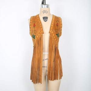 70s Vintage Suede Fringe Vest with Hand Painted Roses Artisan Handmade Boho Bohemian Hippie Hippy Woodstock