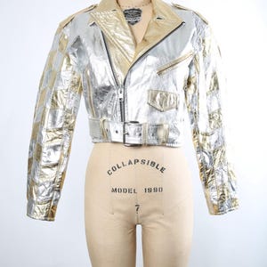 Vintage Gold & Silver Leather Patchwork Jacket Motorcycle Jacket Biker Rock RocknRoll Rockstar Metallic Concert Rave Streetwear