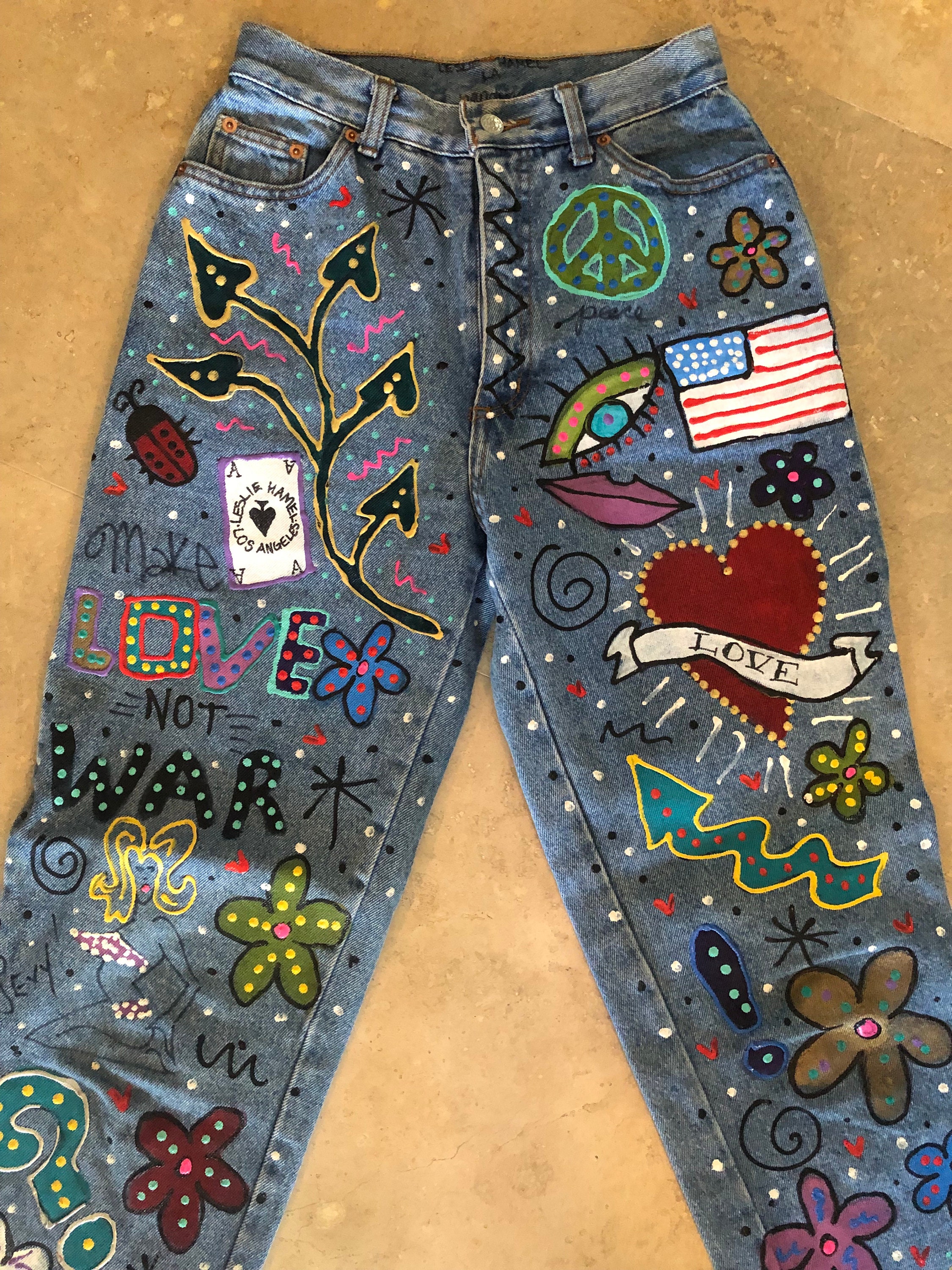 Vtg 80s Leslie Hamel Hand Painted Jeans Blue Denim High Rise Mom 
