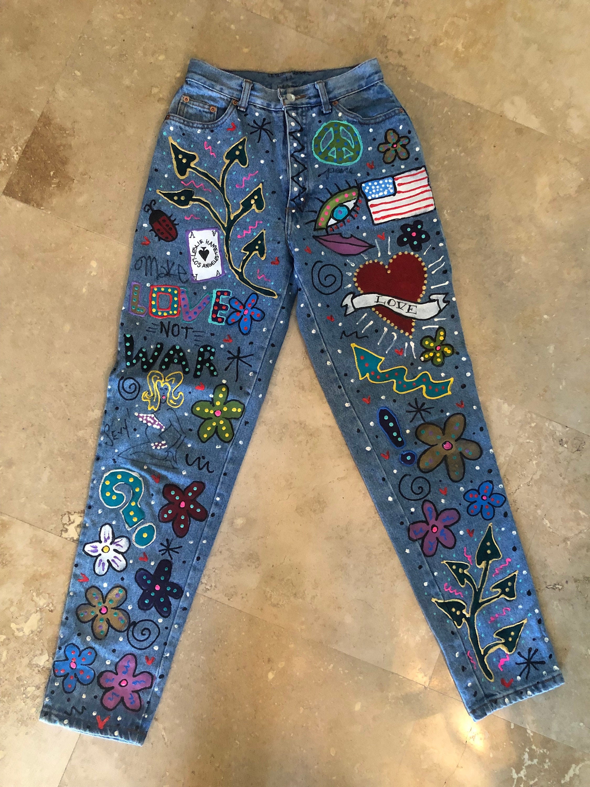 Vtg 80s Leslie Hamel Hand Painted Jeans Blue Denim High Rise Mom 