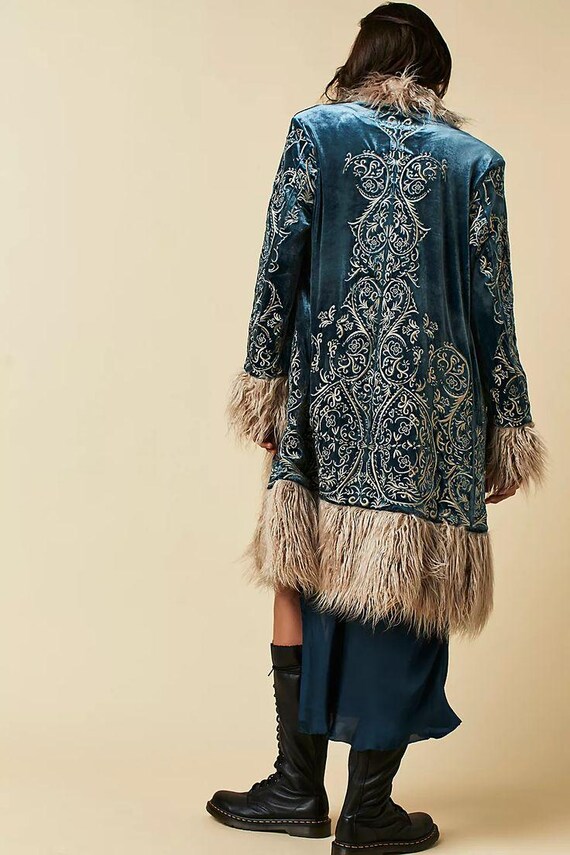 Penny Lane Coat Velvet Coat Floral Embroidered Faux Fur Boho