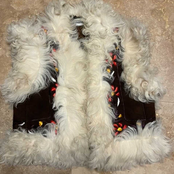 Afghan Vest 70s style Afghan Vest  Suede & Fluffy Off White Fur Trim Penny Lane Floral Flower Hippie Hippy Boho Bohemian Gypsy Woodstock