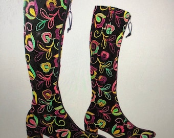 Vintage 60s Gogo Boots Penny Lane Boots Embroidered Floral Paisley Boho Hippie Coachella Penny Lane Almost Famous Boho Style