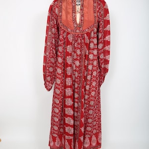 Vintage 70s Red Cotton Gauze Floral Block Print Midi Dress Boho Bohemian Summer