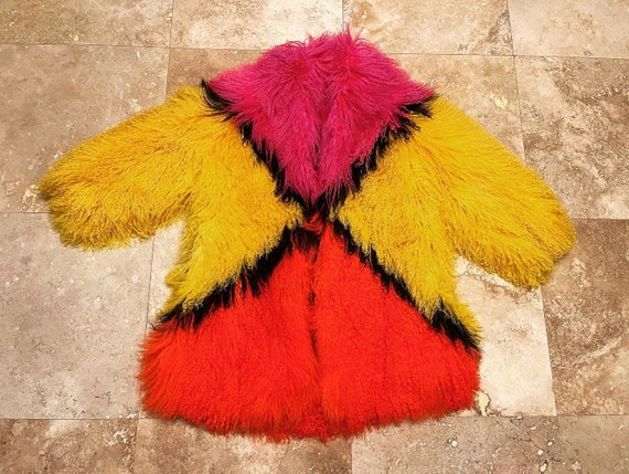 Vintage Mongolian Fur Coat Multi Color Patchwork … - image 2