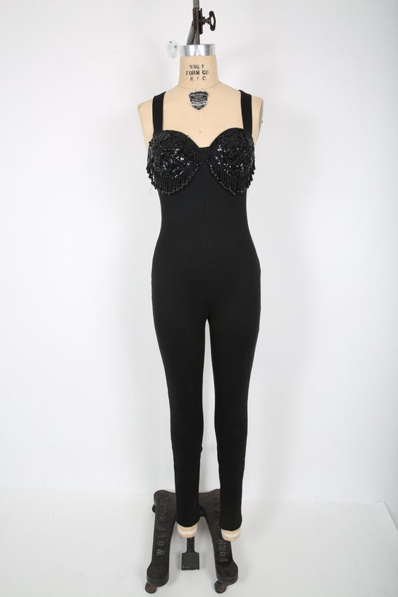 Vintage Black Jumpsuit Bodysuit with Crystal Beaded Bra 80s 90s Y2K  Festival Coachella Concert Rave Party Costume Streetwear