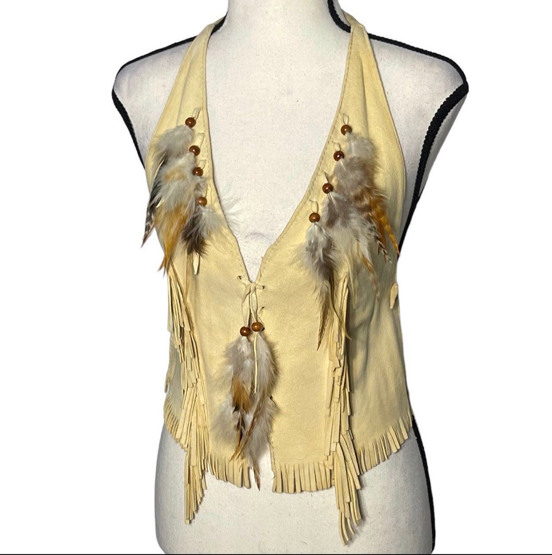 Vintage Halter Top 70s Suede Halter Top Feathers Boho Hippie Etsy