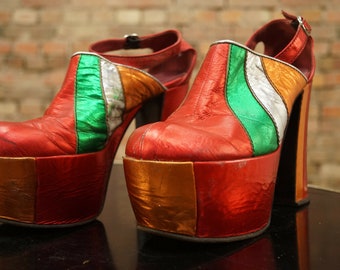 Vintage 70s Platform Sandals Pumps Clogs Red Silver Gold Green Metallic Disco Rave Party Club Clubbing Studio 54