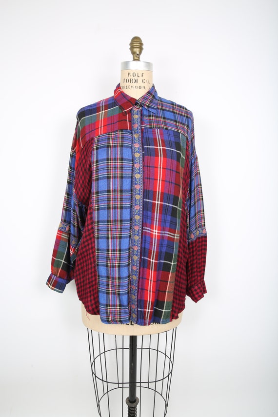 80s 90s Multi Color Plaid Patchwork Flannel Blouse